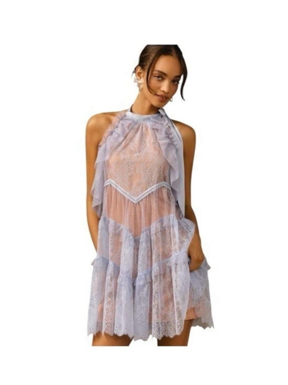 Anthropologie Pale Blue Lace Midi Dress with Sheer Panels